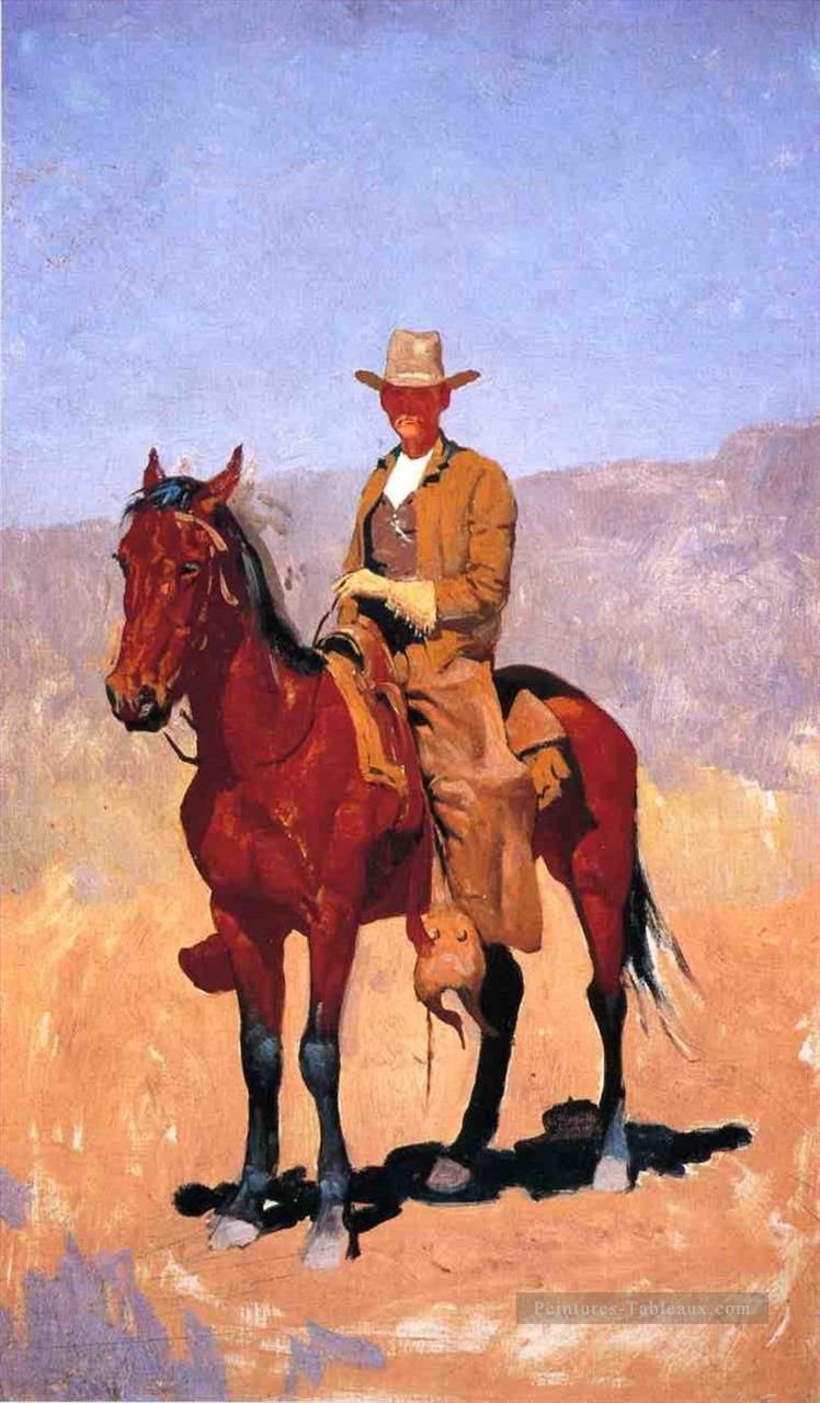 Cowboy monté dans Chaps avec cheval de course Frederic Remington cowboy Peintures à l'huile